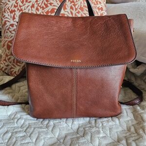 Fossil Cowhide Leather Backpack Cognac Brown Flap Front Side Zip Pocket/ Travel